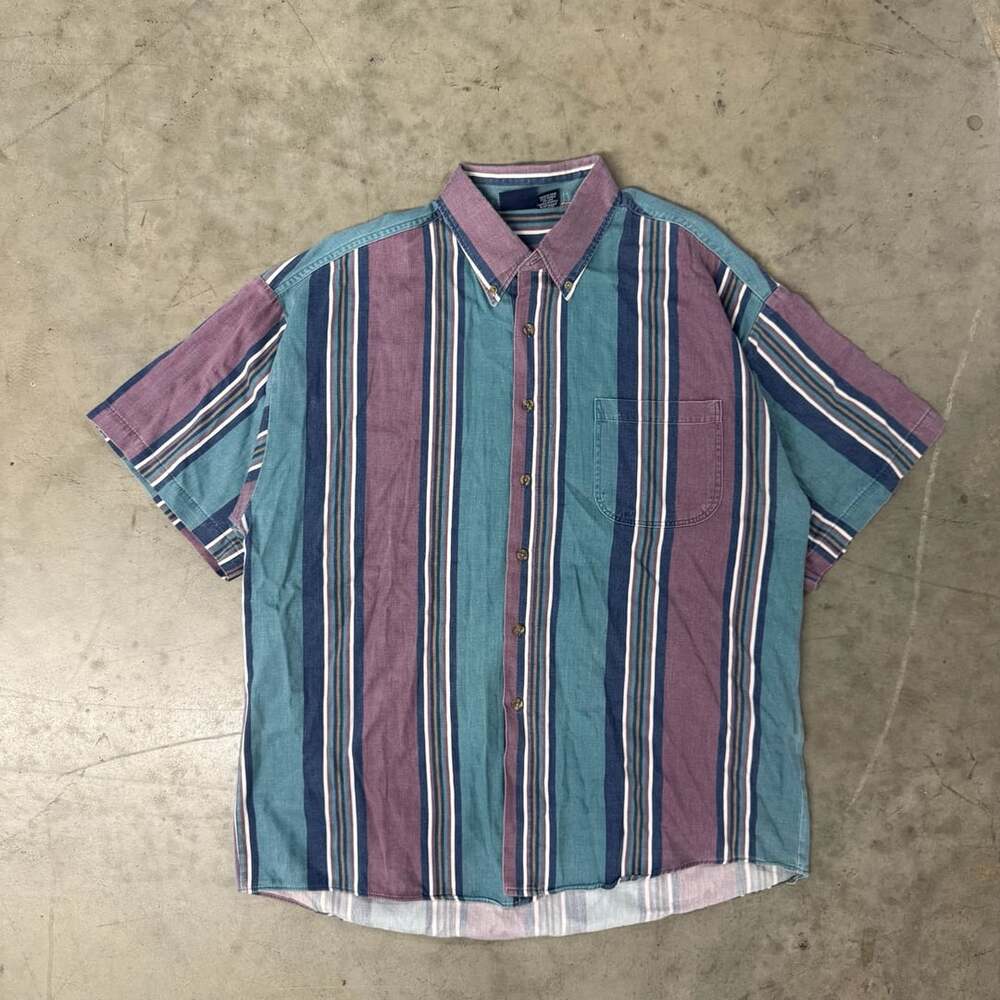 Vintage Multi-Color Striped Bon Homme Button Down Short Sleeve Shirt